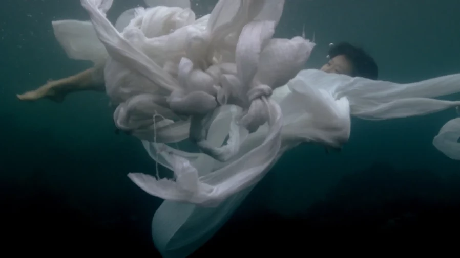 A woman in a white dress under water